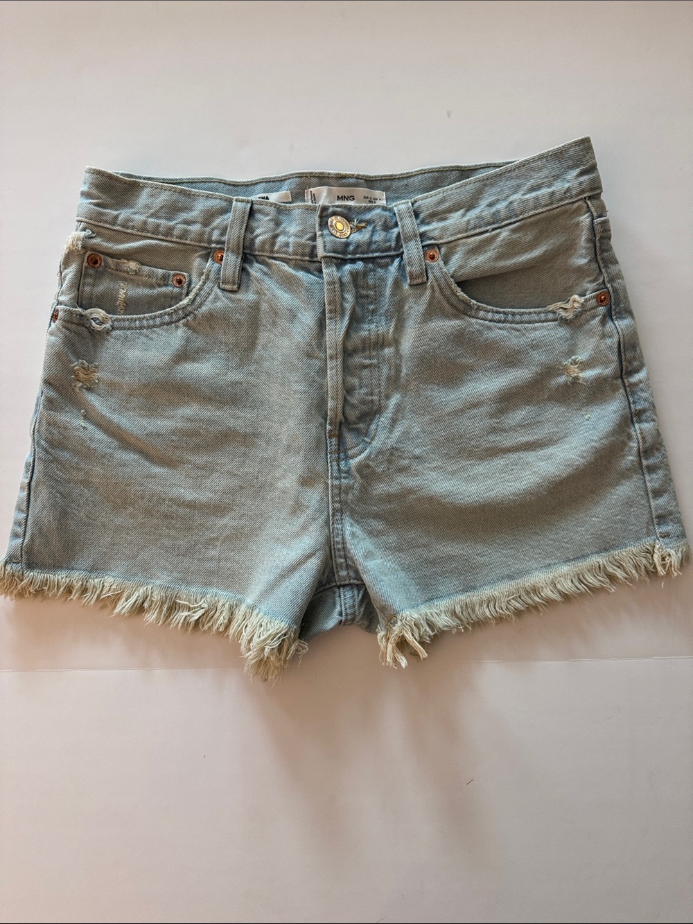 Mango MNG Light Blue Frayed Hem Denim Shorts Button fly women’s size 4